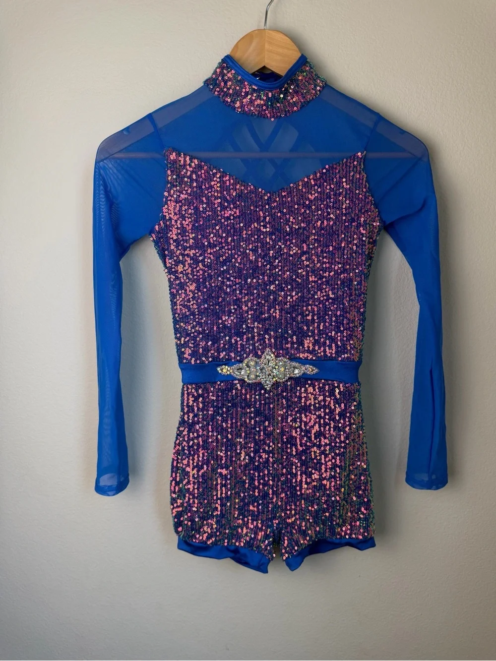Weissman Girls Blue & Pink Sequin Dance Costume with Jewel Belt